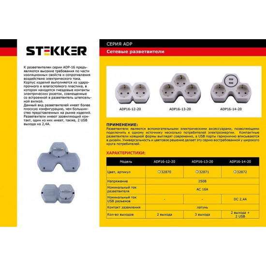 Сетевой разветвитель ADP16-13-20 STEKKER